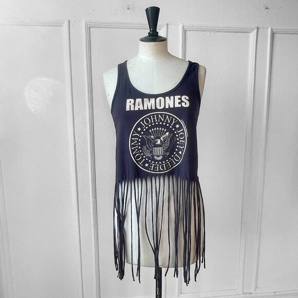 Y2K 1234 Fringe RAMONES Deconstructed Band Tee Racer Back 2012 Tank Top PUNK - Picture 2 of 10